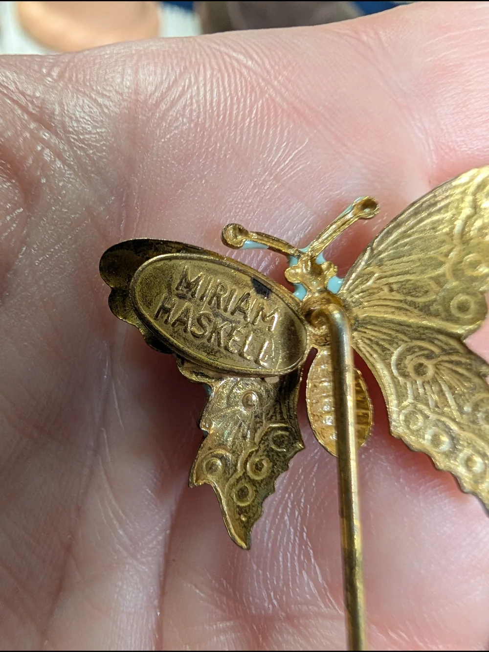 Vintage Miriam Haskell Gold Butterfly Stick Pin Mint Green Enamel